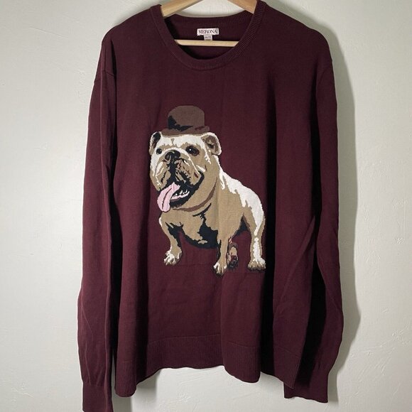 Vintage Merona Bulldog Sweater Mens XXL Maroon Knit Long Sleeve Crew Neck Cotton - Picture 1 of 9